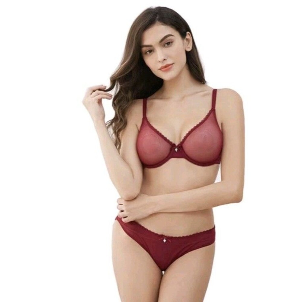Varsbaby Women's Underwire Sheer Bra 34D and L Panties Sets Red